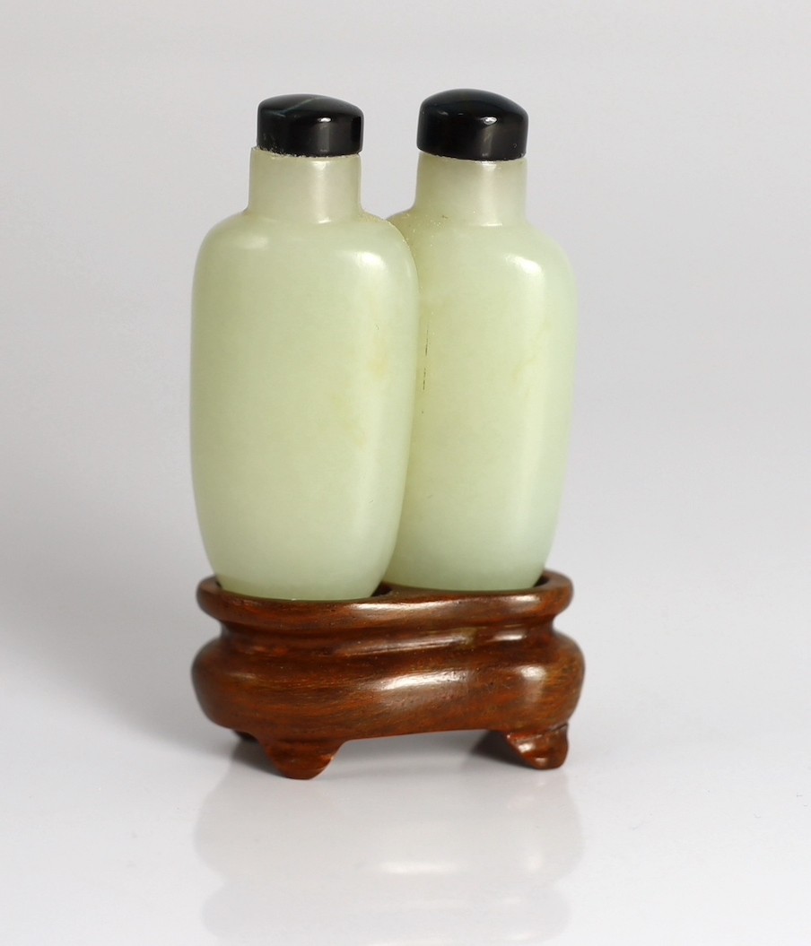 A Chinese pale celadon jade 'double' snuff bottle, 18th/19th century, 5.2cm high